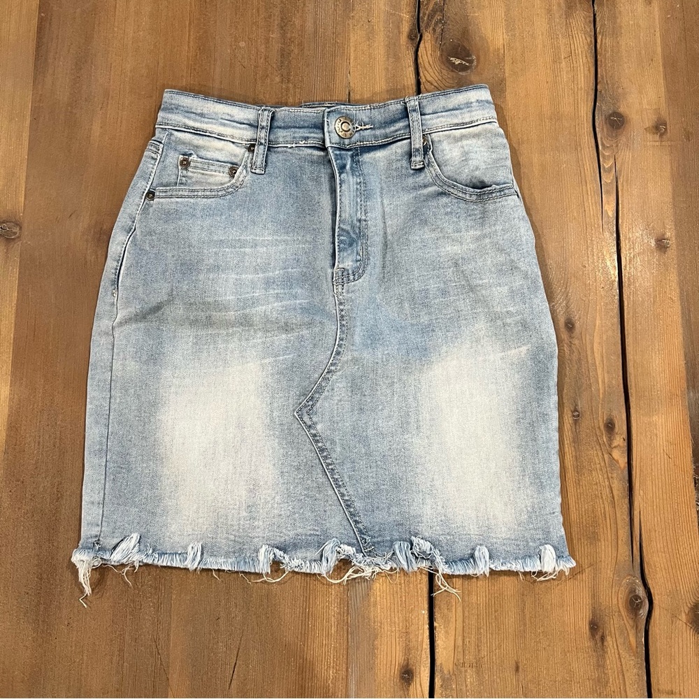 Wakee Denim Frayed Hem Skirt